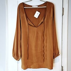 100% Silk Tobacco Brown Tie Neck Tunic Blouse NWT